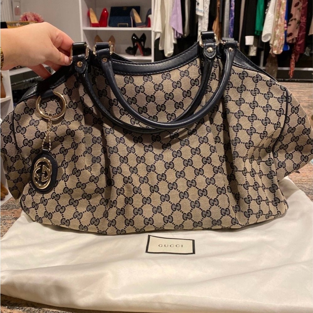 Gucci Beige GG Canvas Tote with Black Leather Trim